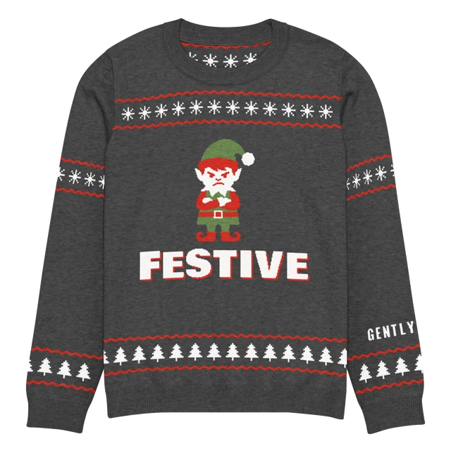 Festive Under Protest knit sweater, front