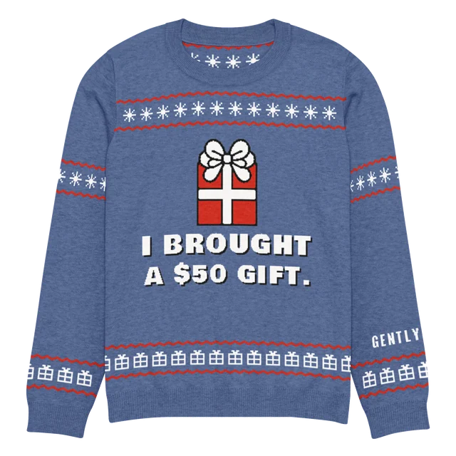 I Brought a $50 Gift knit sweater, front