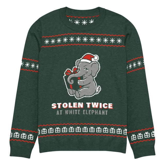 Stolen Twice at White Elephant knit sweater, front