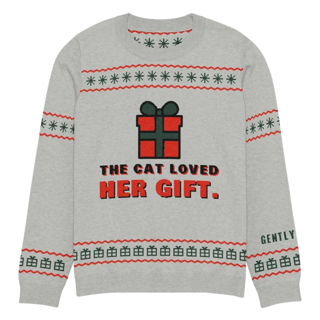The Cat Loved Her Gift knit sweater, front